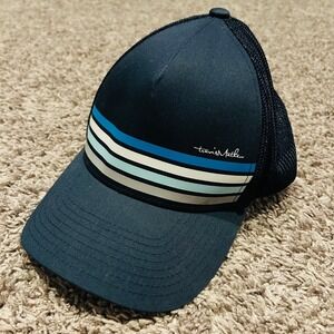 Travis Mathew Mens Navy Blue Striped Mesh Trucker Hat Flexfit Tech Golf‎
